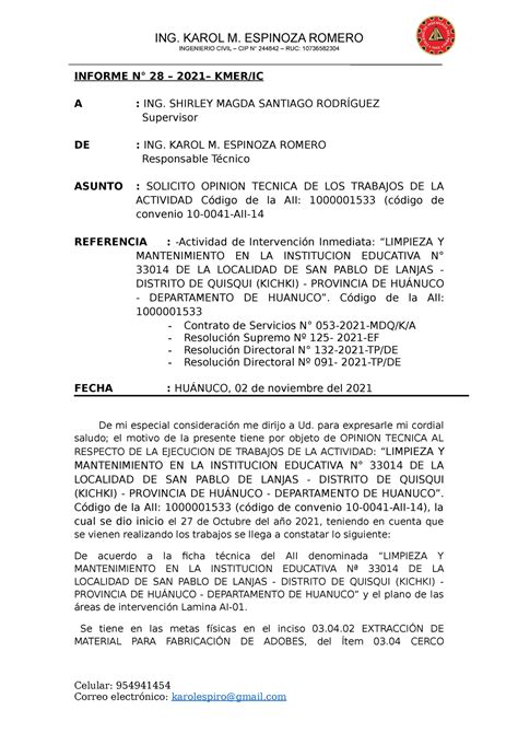 Informe De Estado Situacional Ing Karol M Espinoza Romero