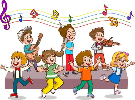 Cartoon Group Of Children Singing And Dancing In The School Choir