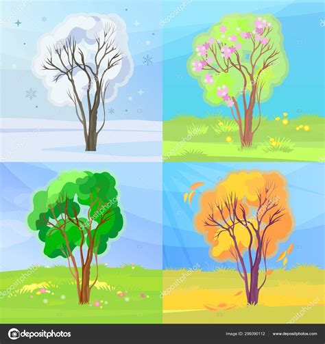 Four Seasons Banners Winter Spring Summer And Autumn Scene In One