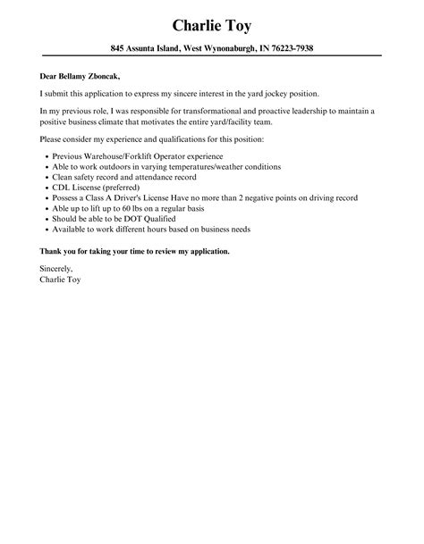 Yard Jockey Cover Letter | Velvet Jobs