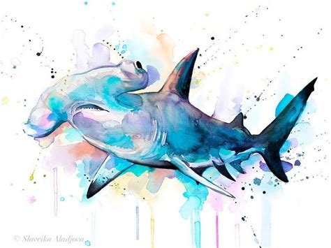 See more ideas about tattoos, body art tattoos, cool tattoos. Hammerhead shark watercolor painting print by Slaveika ...