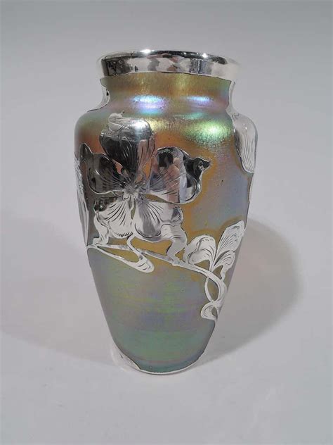 Art Nouveau Iridescent And Silver Overlay Glass Vase By Historic Loetz Art Nouveau Art