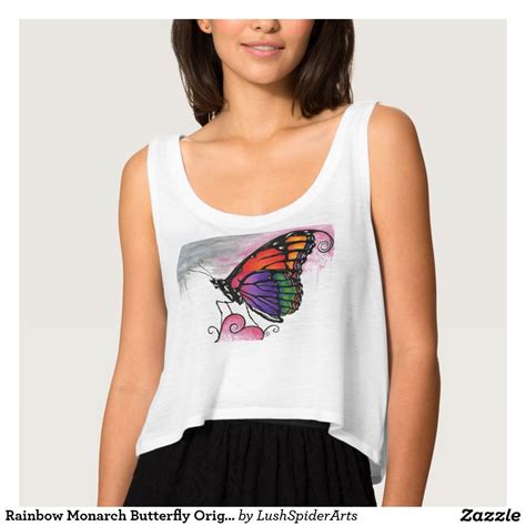 Rainbow Monarch Butterfly Original Fantasy Art Flowy Crop Tank Top