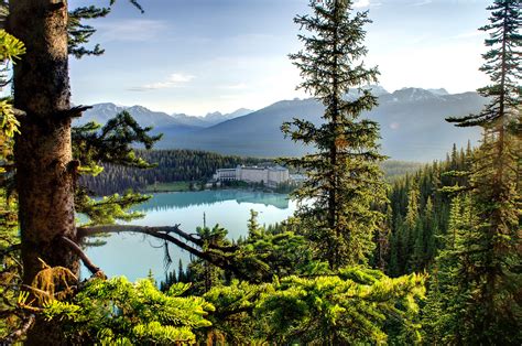 Canada Trees Sky Forest Lake Hotel Nature Mountains House Wallpaper