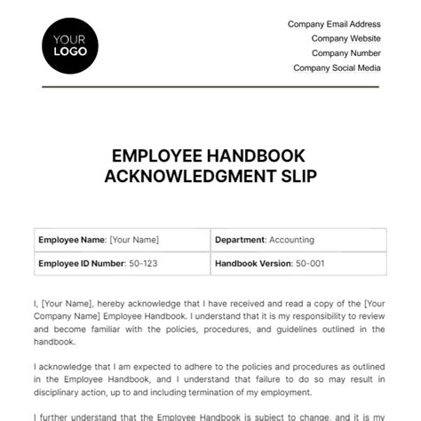 Employee Handbook Acknowledgment Slip Hr Template Edit Online
