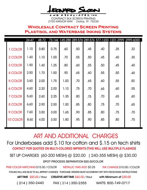 Contract Screen Printing Price List08 11 17 Wholesale Contract