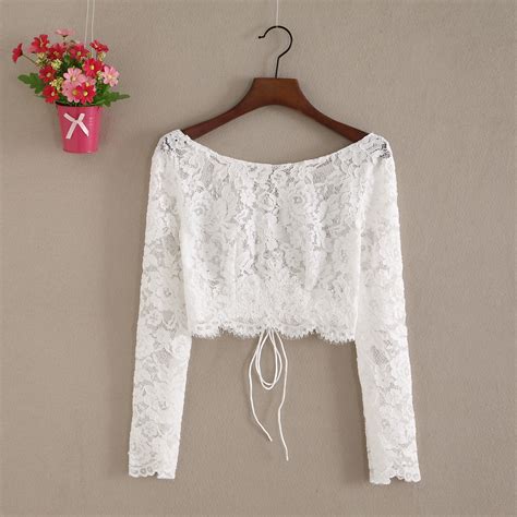 Boat Neck White Long Sleeve Off Shoulder Lace Blouse White Lace Crop