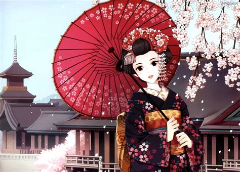 Kobieta Gejsza Kimono Parasol Japonia Manga Anime