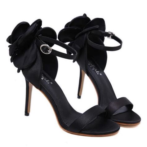 Black Satin Giant Rose Party High Stiletto Heels Sandals