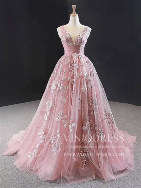 V Neck Dusty Rose Prom Dresses Beaded Lace Ball Gowns Fd1769 Rose
