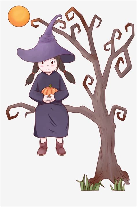 รูปวันฮาโลวีน กระทู้ แม่มดหญิงสาวบนต้นไม้ที่ตายแล้ว ภาพประกอบ png การ์ตูนฮาโลวีน กระทู้