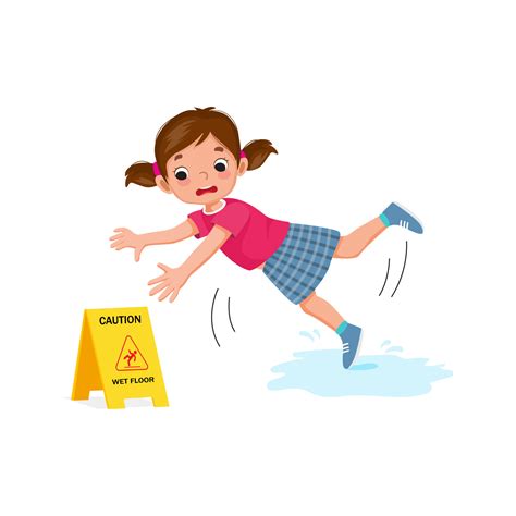 Cute Little Girl Having Accident Slipping On Wet Floor And Falling Down