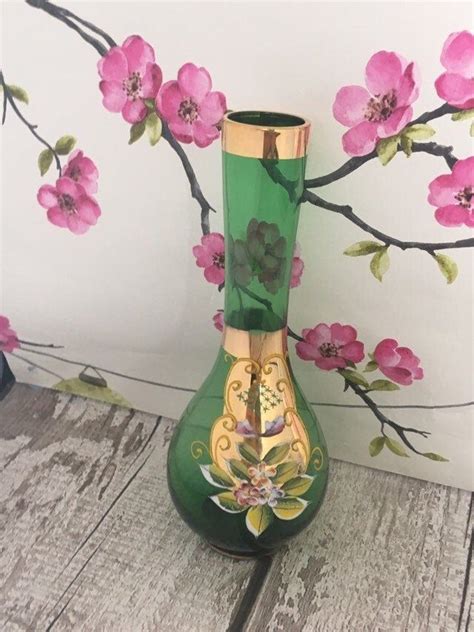 Excited To Share The Latest Addition To My Etsy Shop Emerald Green And Gold Glass Vase Czech