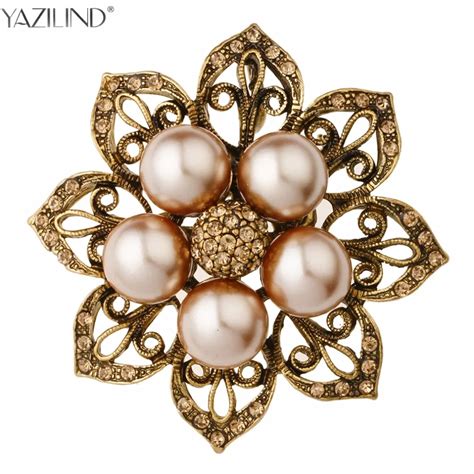 Yazilind Jewelry Vintage Style Double Imitation Pearl Flower Brooch Elegant Black Rhinestones