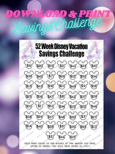 52 Week Disney Vacation Savings Challenge Printable Money Etsy Canada