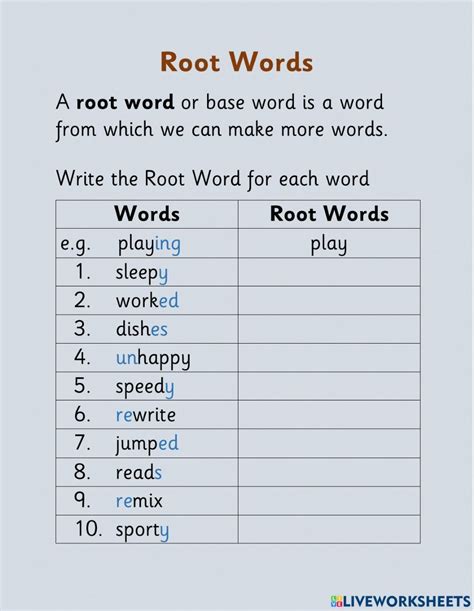 Root Words Exercise For Grade 1 Root Words Root Words Anchor Chart