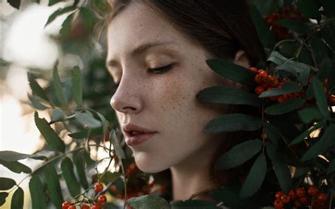 Wallpaper Face Leaves Women Model Portrait Red Photography