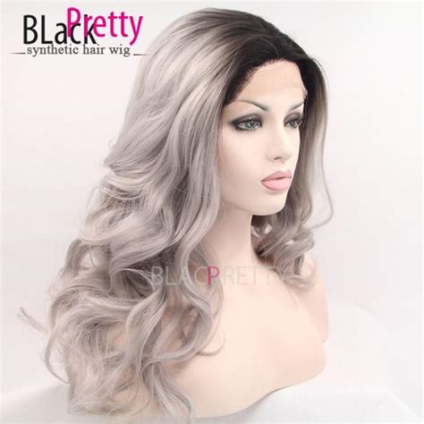 Fashion Wavy Ombre Silver Grey Bodywave Synthetic Lace Front Wig