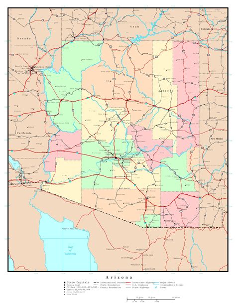 Laminated Map Large Detailed Administrative Map Of Arizona State With