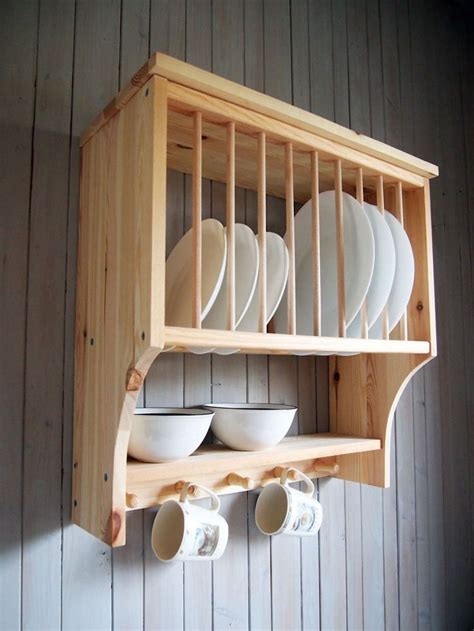 Kitchen Plate Rack Shelf Solid Pine Wood Wall Mounted Wooden