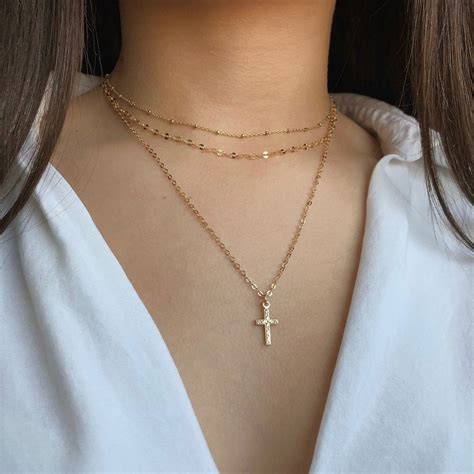 K Gf Tiny Cross Necklacetiny Cross Necklace Mother In Law Etsy