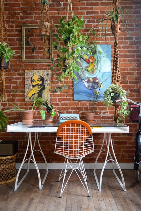 Nature Inspired Home Office With Brick Wall Homemydesign