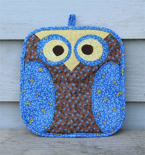 Owl Pot Holder Owl Potholder Brown Blue By Catinthebagcreations