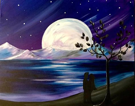 Moonlit Embrace Moon And Mountains Painting With Loving Couple Under