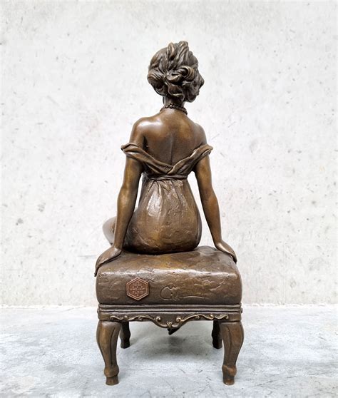 Sensual Bronze Sculpture Of A Half Naked Woman Sitting On A Stool