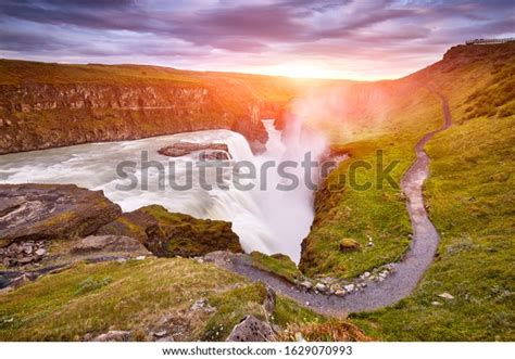 Panoramic Sunrise View On Gullfoss Waterfall Stock Photo 1629070993