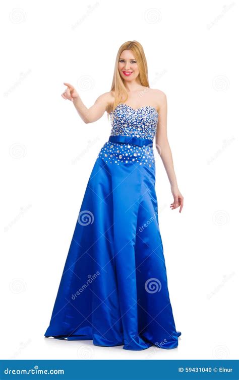 Woman In Pretty Blue Evening Dress Isolated On Stock Photo Image Of