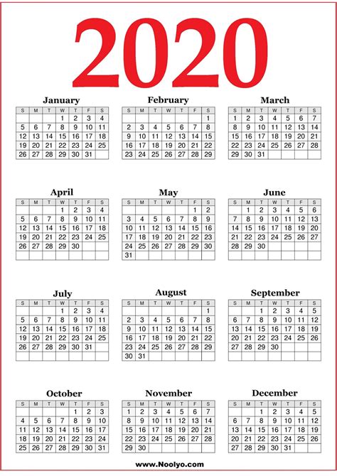 2020 Printable Year Calendars Red Black And White
