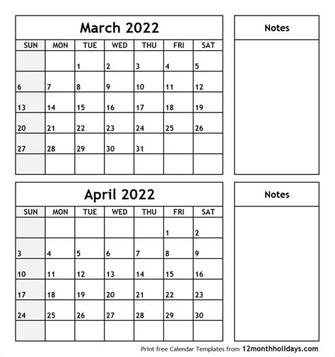 Print March April 2022 Calendar Template 2 Month Calendar