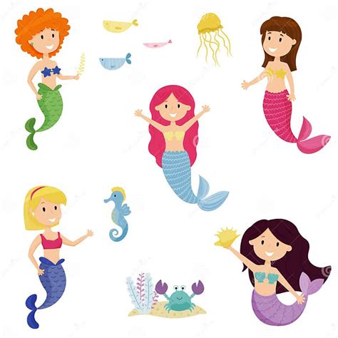 Set Of 5 Cute Cartoon Mermaids Little Mermaid Girls With Colored