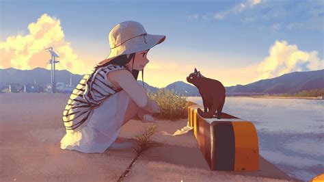Free Download Anime Girl Staring Cat 4k Wallpaper 4096x2304 For