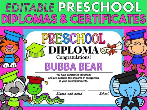 Editable Preschool Diplomas And Certificates Animal Etsy Preschool