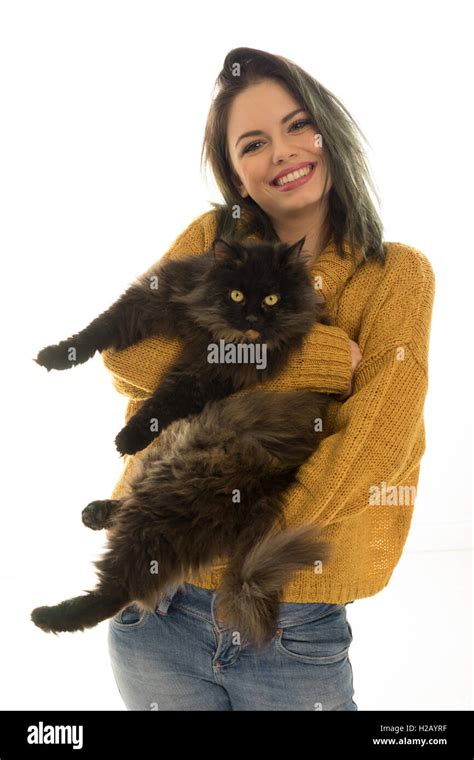 Beautiful Woman Carrying Her Cat Stock Photo Alamy