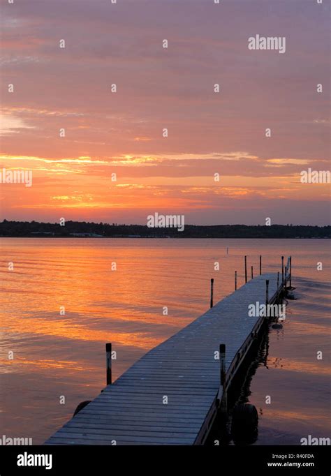 Swimming Dock Cass Lake Minnesota At Sunset Stock Photo Alamy