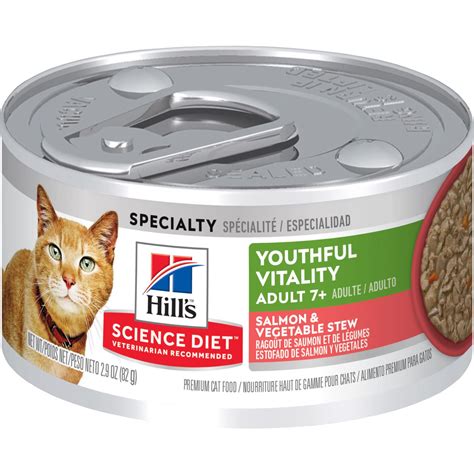 Wet salmon 48 x 85g pouches wet chicken & vegetable stew 24 x 82g cans wet plus metabolic 48 x 85g pouches (plus metabolic has new packaging with the same tasty ingredients.) Hill's Science Plan Adult 7+ Youthful Vitality Wet Cat ...