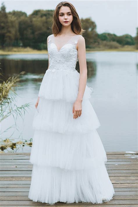 Beautiful A Line V Neck And Back Lace Tulle Tiered Wedding