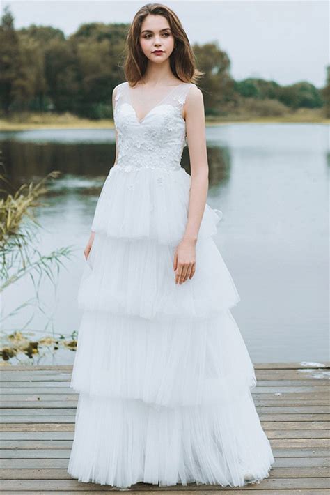 Ball gown with layered tulle with a wide rim. Beautiful A Line V Neck And Back Lace Tulle Tiered Wedding ...