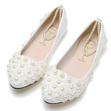 Chic Women White Lace Wedding Shoes Pearls Ankle Strap Bridal Flats