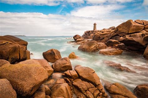 Pink Granite Coast In Brittany Near Ploumanach France Stock Image