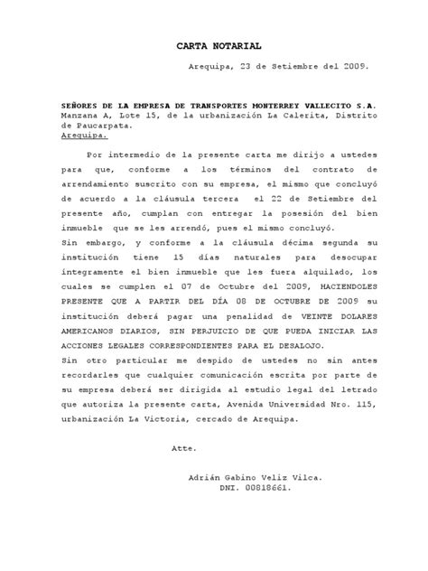 Carta Notarialadrián Veliz Vilcacumplimiento De Arrendamiento