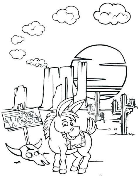 Free coloring pages to download and print. donkey animal desert cactus landscape coloring pages