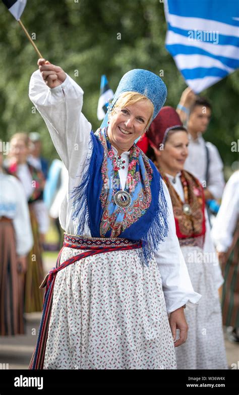 Tallinn Estonia 6th July 2019 People In Traditional Estonian