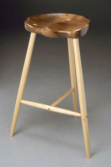 Three Legged Stool With Faceted Maple Legs And Walnut Tractor Seat