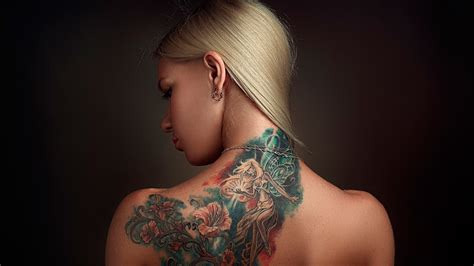 Long Hair Bare Shoulders Face Women Blonde Portrait Tattoo Back Simple Background Rear