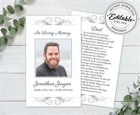 Editable Funeral Prayer Card Template Printable Memorial Etsy