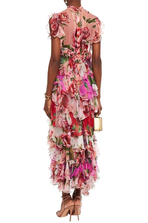 Dolce Gabbana Pussy Bow Tiered Floral Print Silk Chiffon Midi Dress